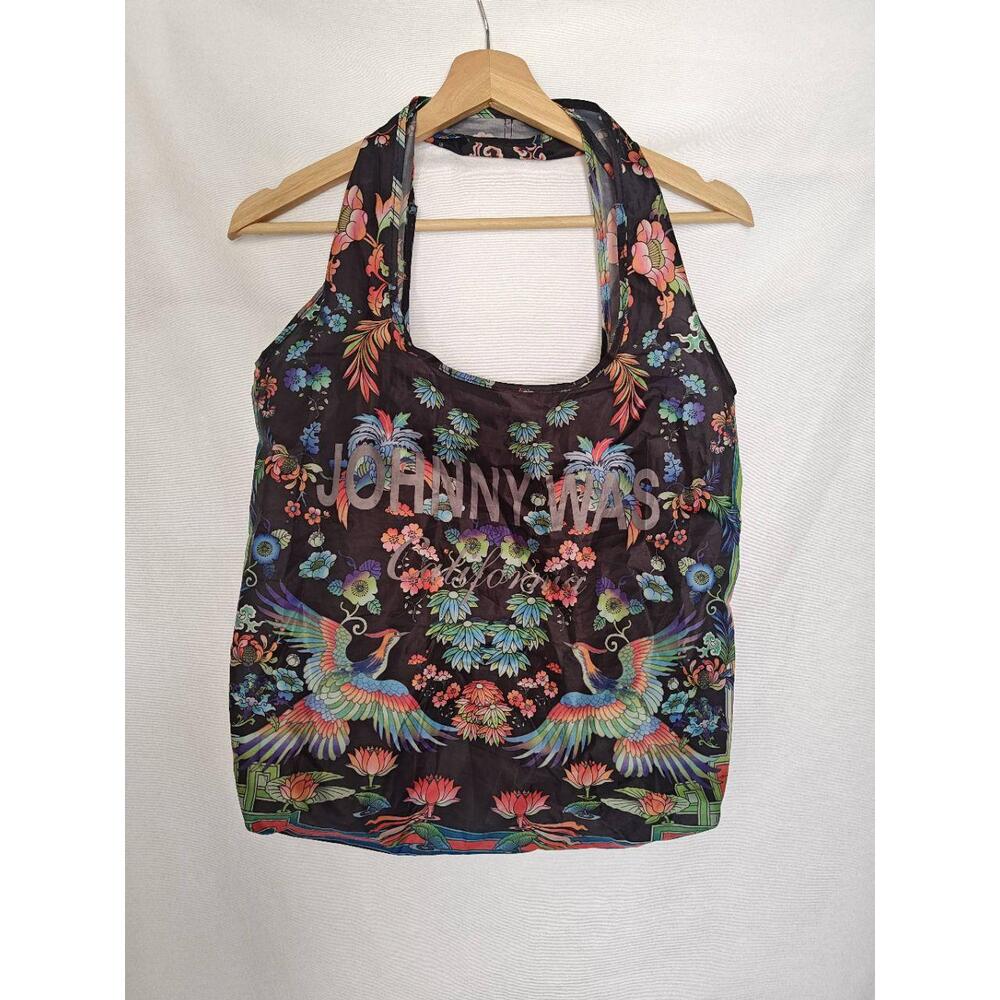 Johnny Was Tote Bag Reusable Nylon Packable Floral‎ Bird Print Black
